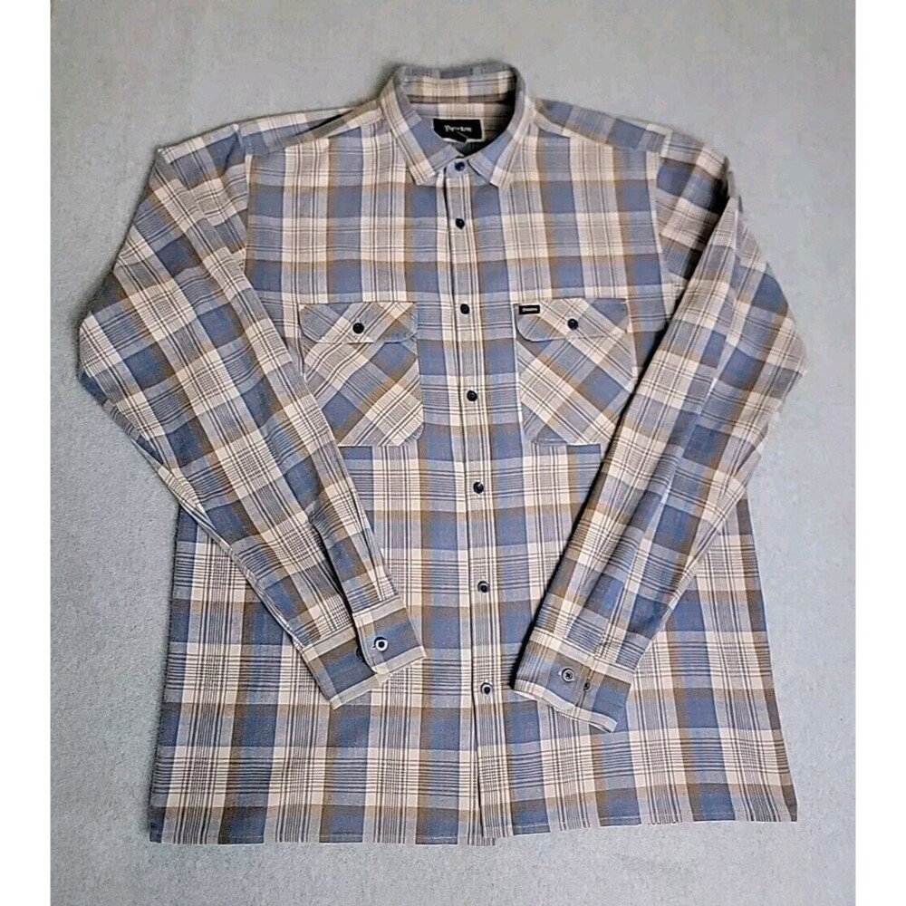 Brixton Button Shirt Mens L Blue Brown Plaid Logo Pockets Western Cowboy Rodeo